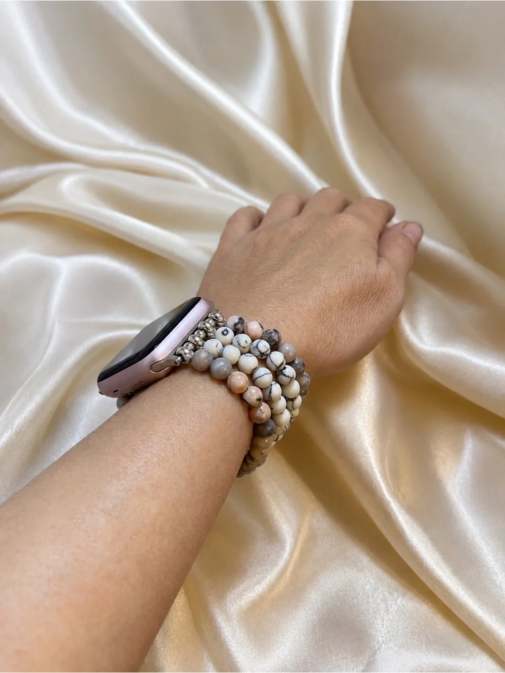 Howlite Rhodonite Gemstone Apple Watch Band 4 Strand Pink White 42mm 44mm 45mm